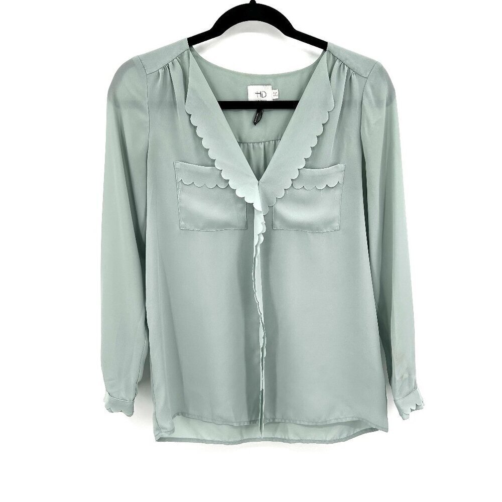 ANTHROPOLOGIE HD In Paris Light Blue Semi Sheer Scalloped Long Sleeve Blouse 0
